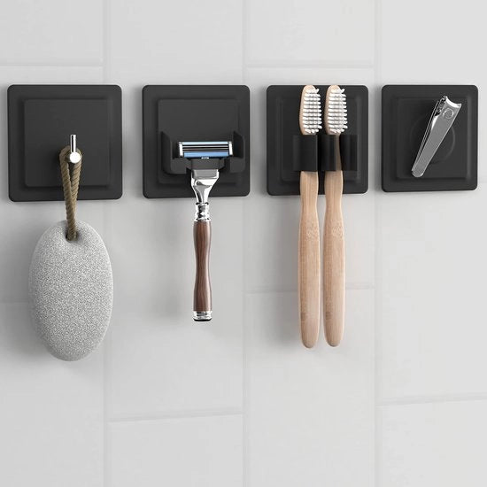 Organizzatore da bagno 4 in 1 con adesivo self-healing [silicio morbido], presa super resistente - contiene: appoggio spazzola da barba, appoggio spazzola da denti, gancio, magnete neodimio (nero)