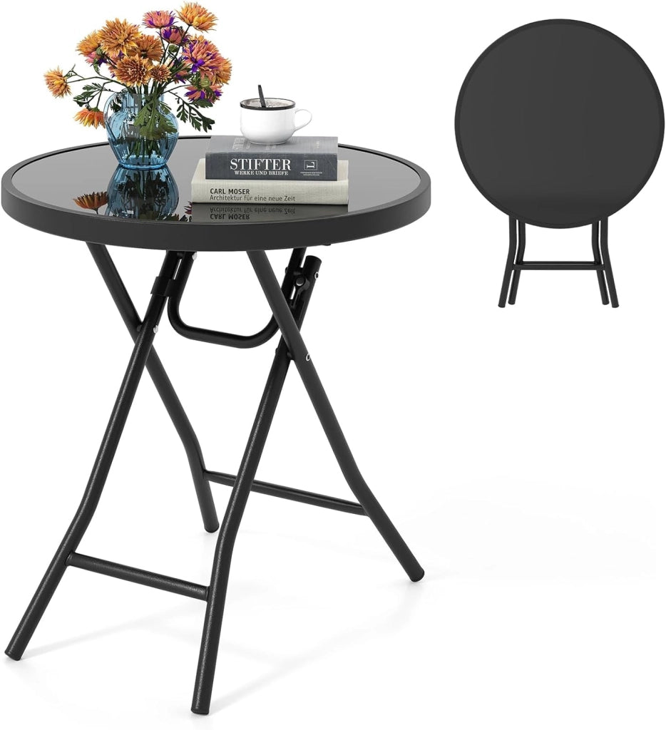 Tavolino da Giardino Pieghevole da 46 cm, Tavolino Rotondo Compatto da Patio, con Piano in Vetro Temperato e Struttura in Metallo, Tavolino Laterale Portata 50 kg (Nero)
