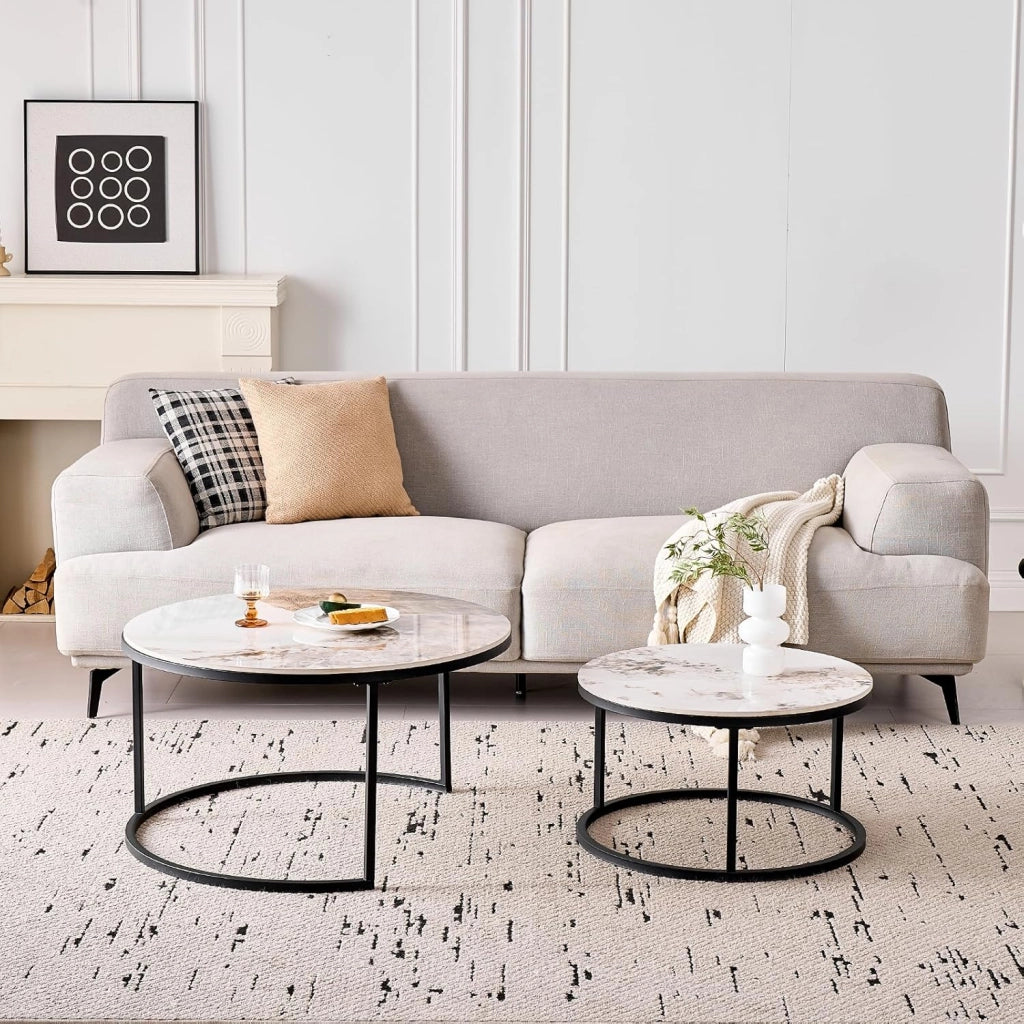 GrandCA HOME Set di 2 Tavolini Rotondi da Caffè, Tavolini Impilabili Moderni per il Soggiorno, Struttura in Metallo Nero, 50 cm e 70 cm, Realizzati in Marmo Pandora e Pietra Sinterizzata