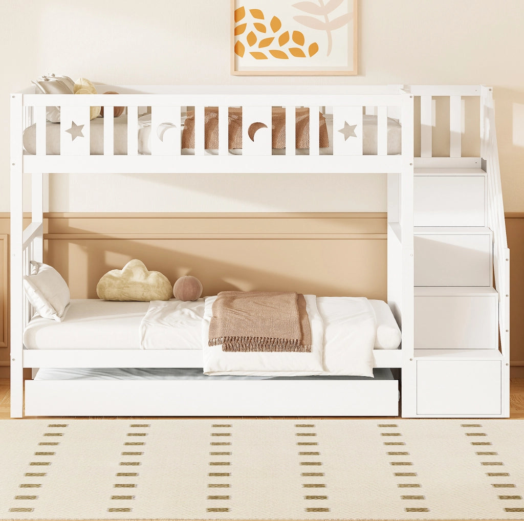 Letto a castello per bambini con letto estraibile e gradini contenitivi bianco