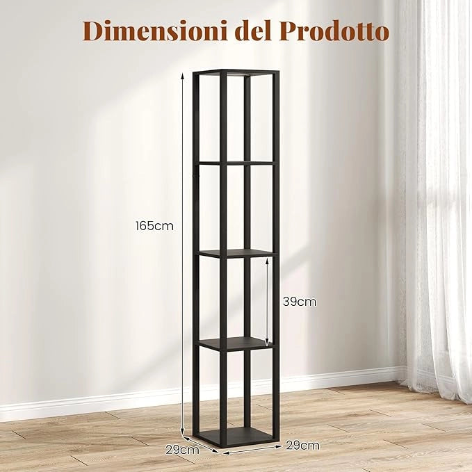 Lampada da Terra con Ripiani, Espositore Autoportante a 4 Livelli con Luci LED Dimmerabili a 3 Vie e Interruttore a Pedale, Lampada da Scaffale Moderna in Legno per Salotto e Studio