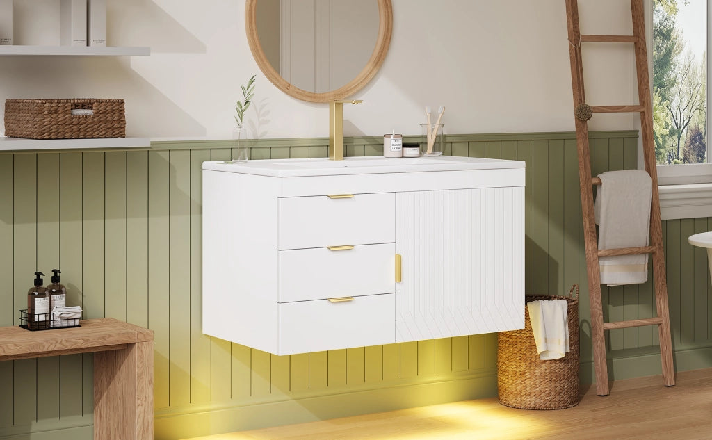 Mobile sottolavabo con LED e lavabo in ceramica, 2 cassetti e vano laterale, per bagno, bianco, 77 × 47 × 51 cm