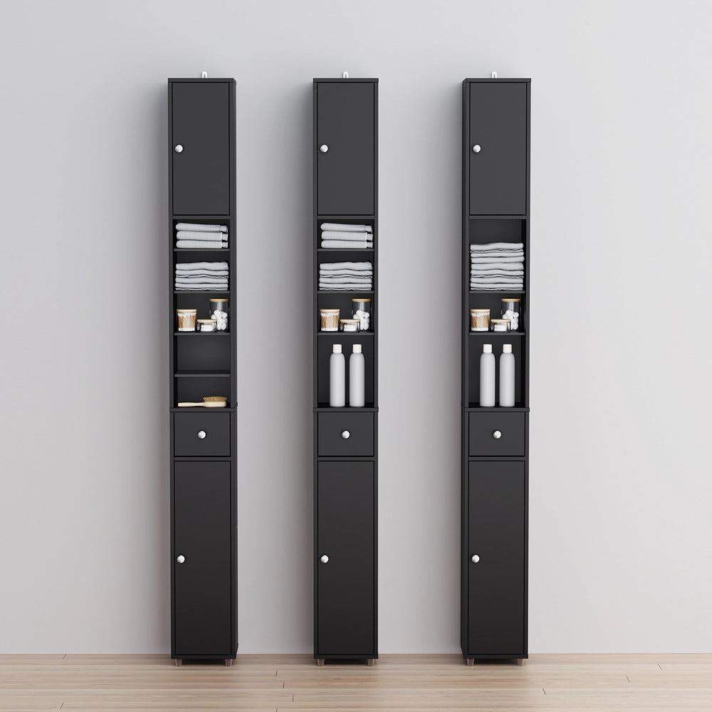 SoBuy BZR34-II-SCH Colonna Bagno Stretta - Mobile Bagno Idrorepellente, Alto con Ripiani Regolabili e Cassetto - Armadietto Salvaspazio, MDF, Nero, 20x180x20cm