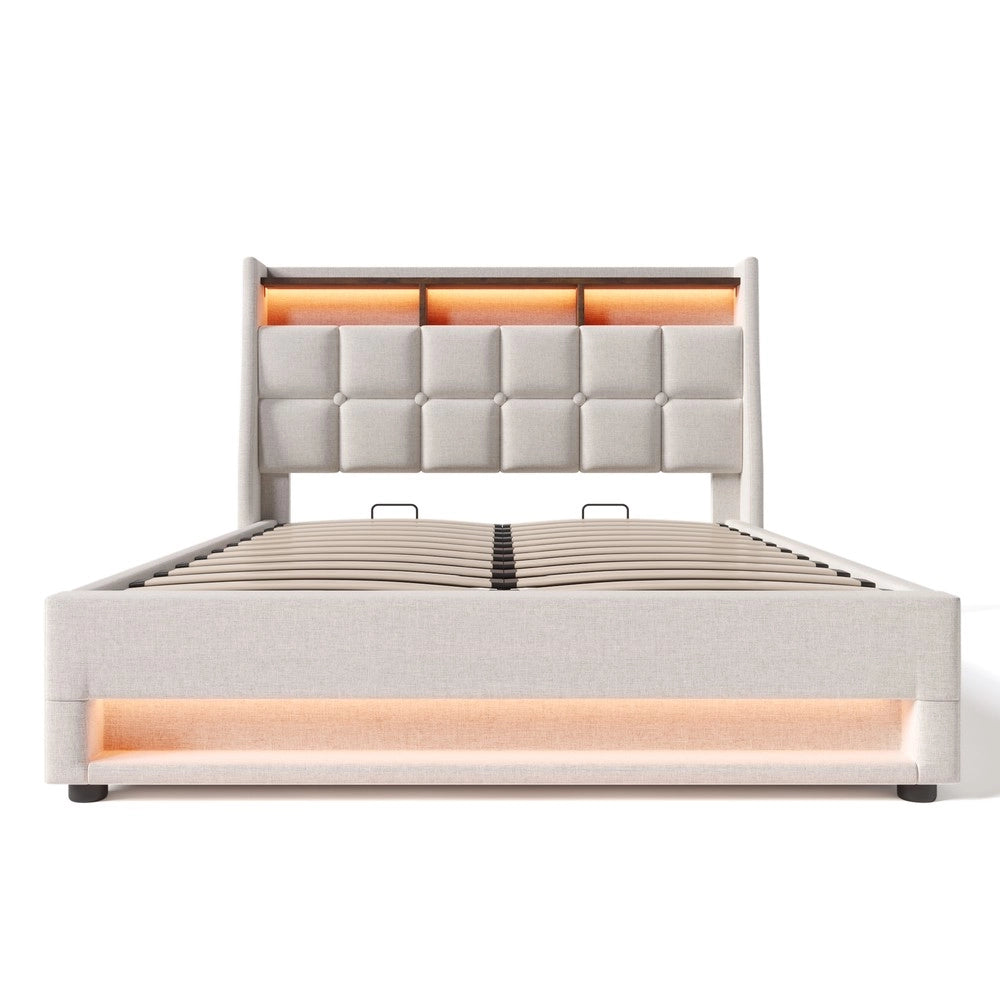 Letto Imbottito Matrimoniale con LED e Rete a Doghe ¨C Xylo ¨C Tessuto Lino, Struttura Metallo, 180x200