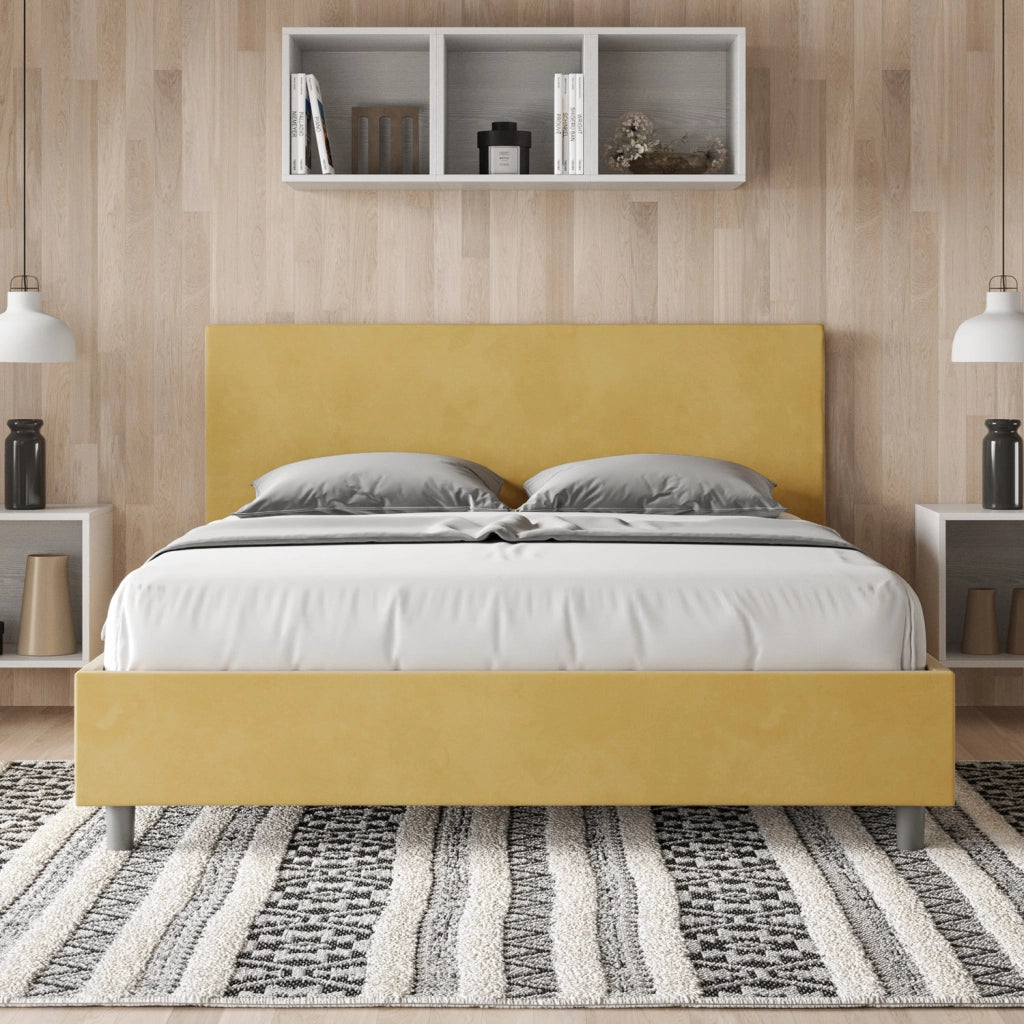 BS COM Letto matrimoniale contenitore doppia alzata imbottito 160x200 microfibra ocra