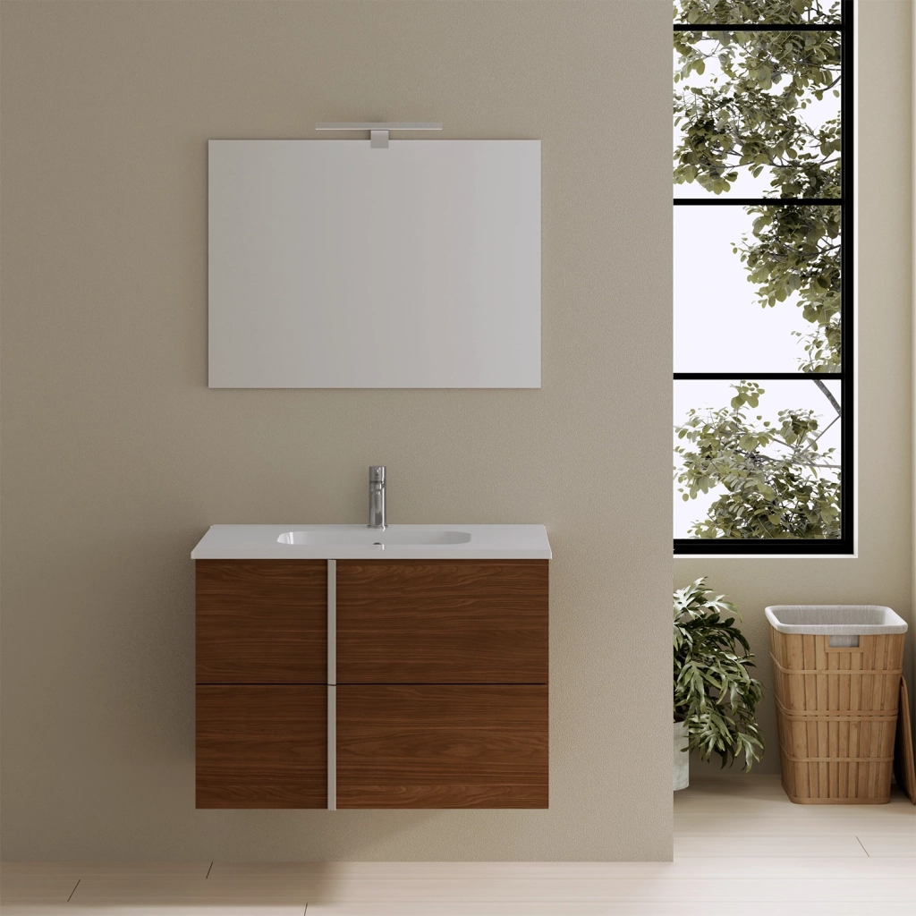 Mobile da bagno sospeso 100cm noce scuro con lavabo e specchio | Hoia