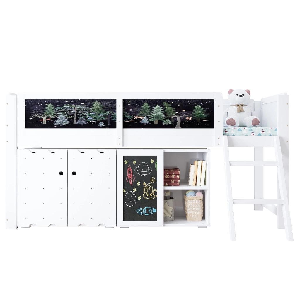 Letto a Soppalco 90 x 200 cm con Armadio a 2 Ante; Lavagna e Scala - Bianco e Nero