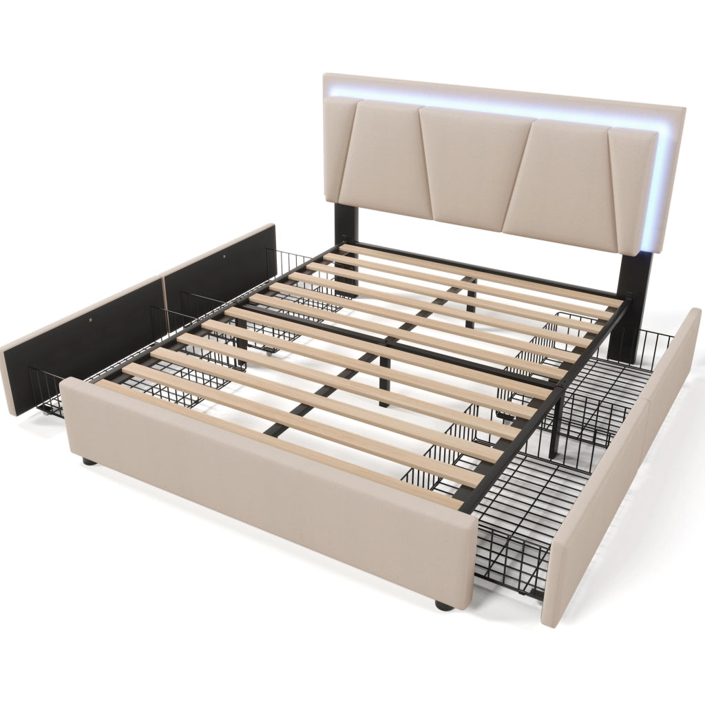 Letto contenitore 140x200 cm con LED; testiera regolabile e 4 cassetti; beige
