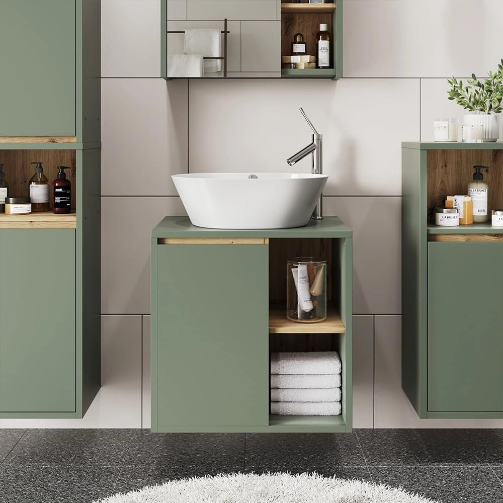 Mobiletto per lavabo Viola, Verde/Artigianale, 60 x 60 cm con ripiani aperti