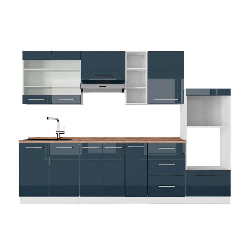 Cucina componibile Fame-Line Blu scuro lucido/Bianco 280 cm, PL Rovere Vicco