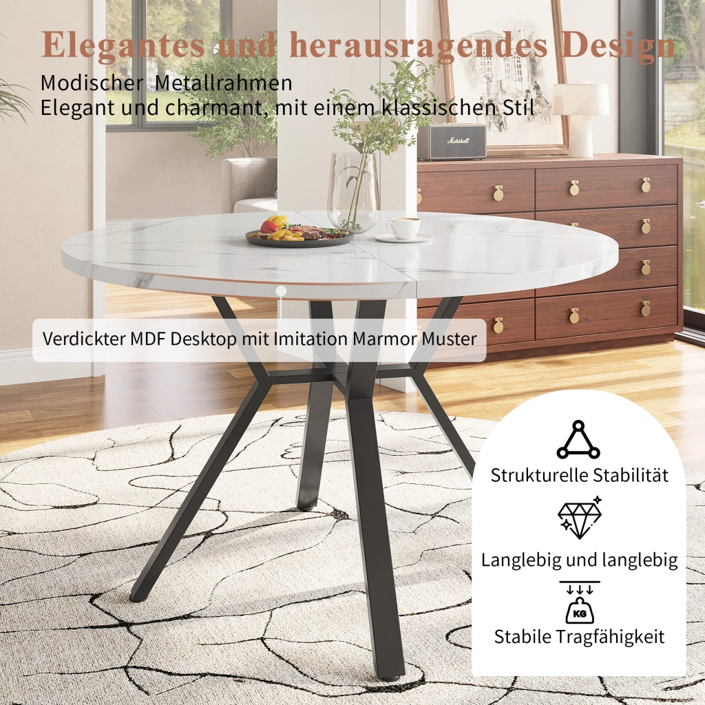 Tavolo da pranzo per 4 persone con piano rotondo effetto marmo, gambe in metallo nero e 4 sedie ergonomiche