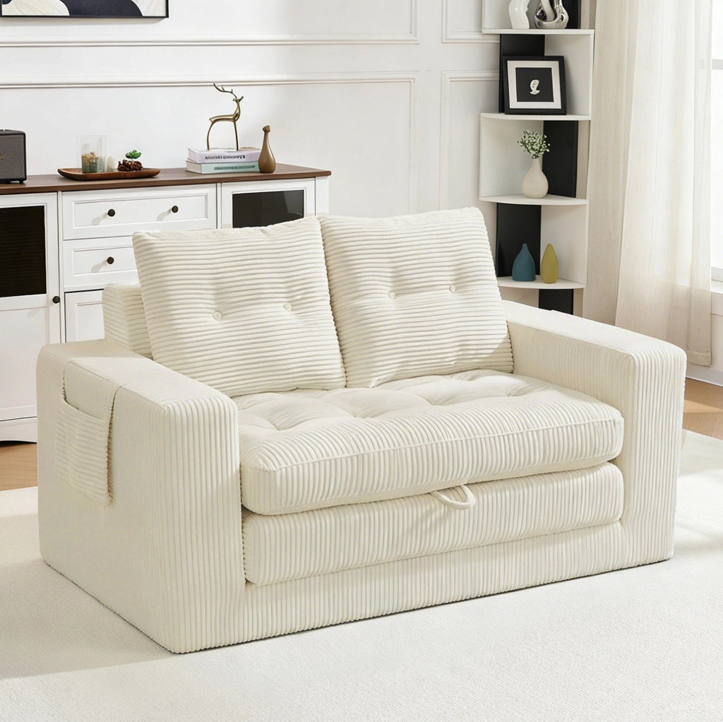 Divano letto estraibile in velluto a coste beige con tasche laterali e portabicchiere