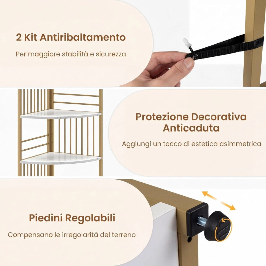 Scaffale Angolare a 6 Ripiani, Libreria Alta 181,5 cm Autoportante con Struttura in Metallo Robusto, Espositore Verticale per Soggiorno, Camera da Letto, Ufficio (Bianco)