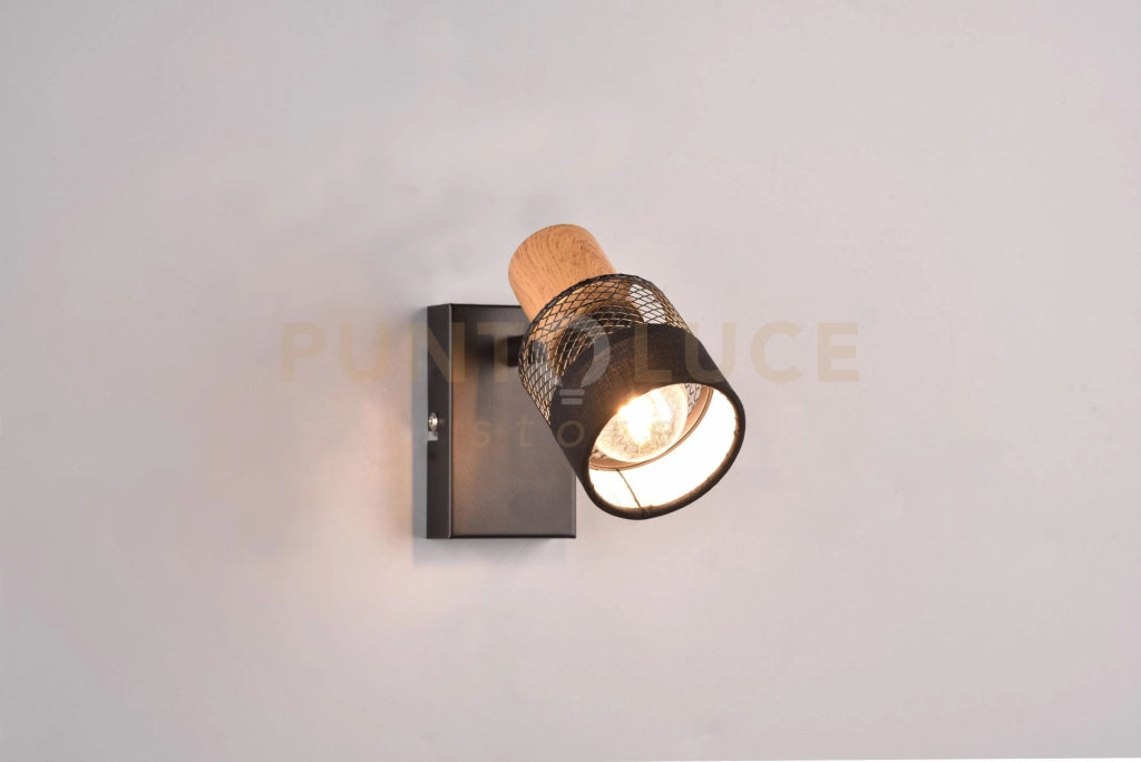NANDINI SPOT ORIENTABILE METALLO CON DIFFUSORE CON PARALUME E LEGNO H. 14CM 1 LUCE  ATTACCO E14