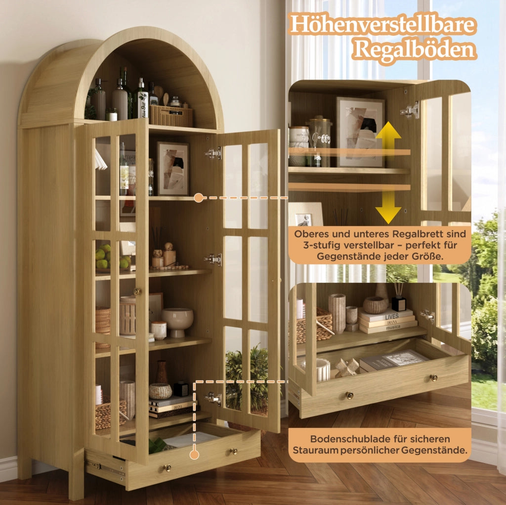 Vetrina ad arco da terra 75x35x170;5 cm in MDF naturale con ante in acrilico e cassetto