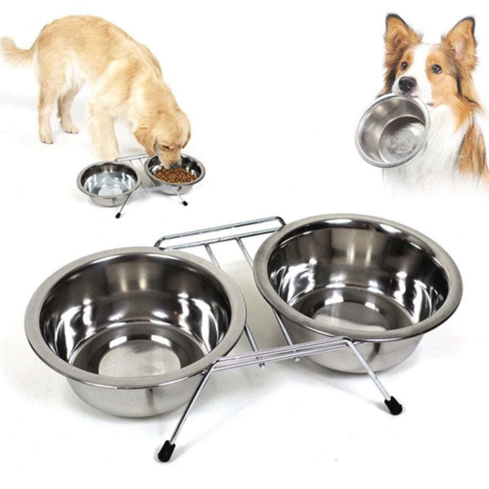 Trade Shop - Ciotola Doppia Per Cani 16 Cm Con Supporto Cibo Acqua Crocchette Acciaio -