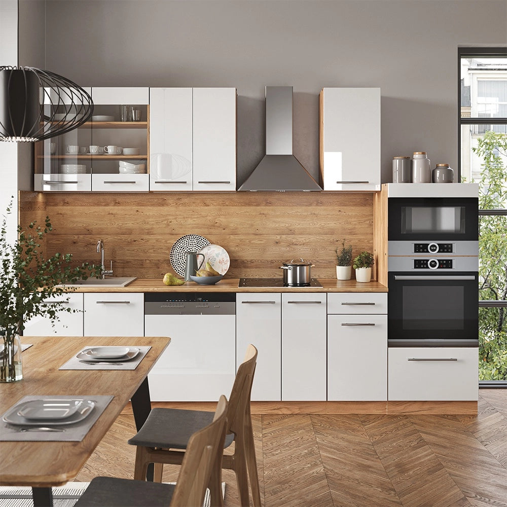 Cucina componibile Fame-Line Bianco lucido/Rovere dorato 300 cm con armadio alto, PL Marmo Vicco