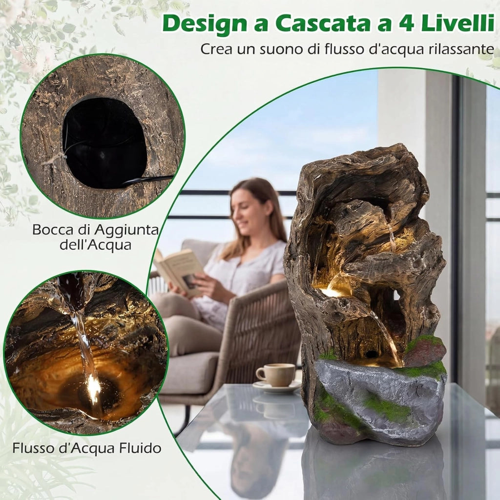 Fontana a Cascata, Fontana da Esterno con Illuminazione LED, Pompa e Muschio Artificiale, Ornamento Cascata in Stile Roccia per Cortile, Balcone e Salotto, 30,5 x 26 x 53 cm