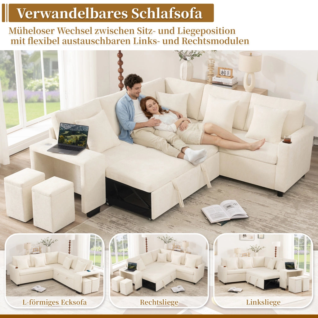 Divano angolare convertibile con chaise longue reversibile, funzione letto e USB, in chenille beige, 220 × 205 × 86.5 cm