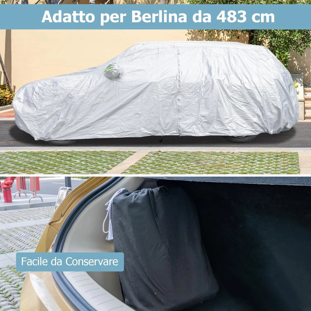 Copertura Auto con Porta a Zip, Serratura, Copertura per Auto con Strisce Riflettenti, Copertura Universale per Esterni per Auto (483 X 191 X 153 cm)