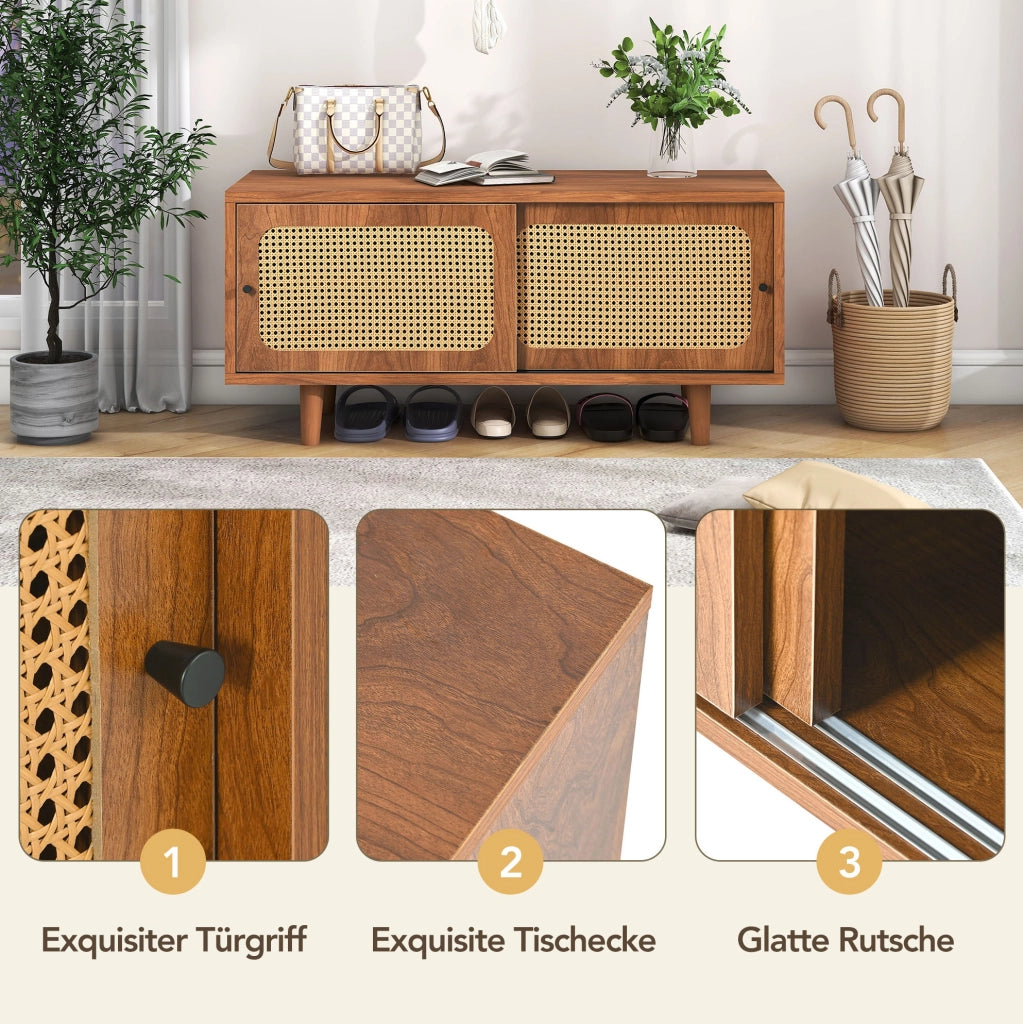 Set madia in rattan con scarpiera, finitura noce