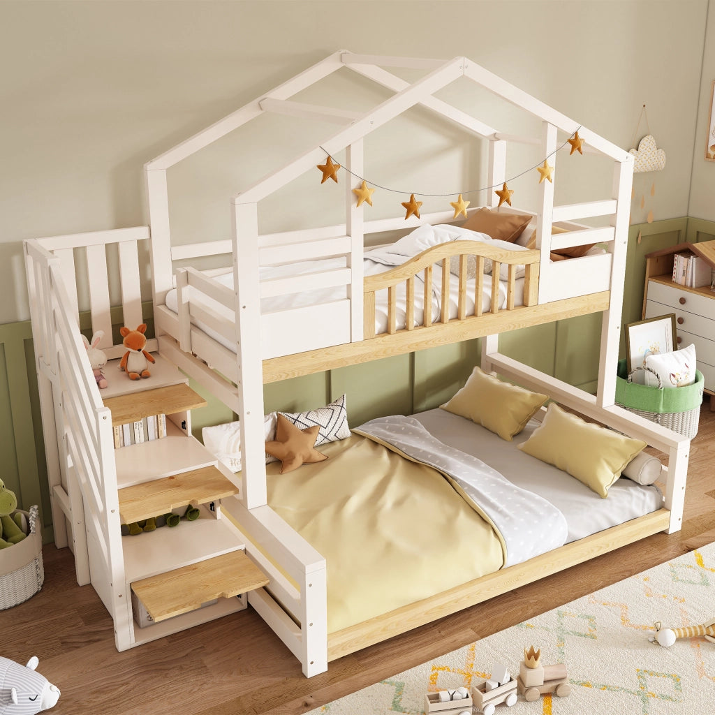 LETTO A CASTELLO 90x200/140x200 cm Bianco e Legno con scala-armadio