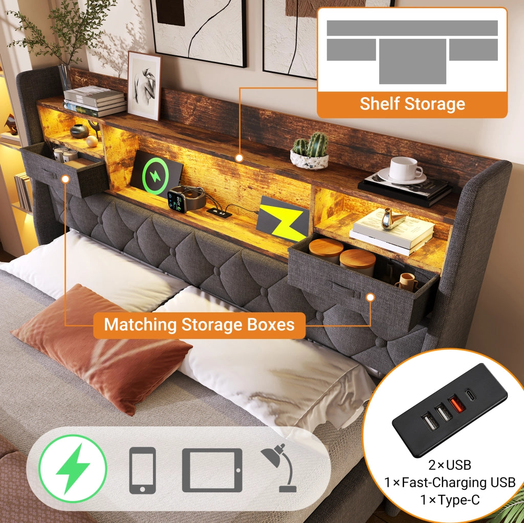 Letto contenitore ULEVR 160x200 cm con LED, 3 USB e Type-C, testiera con ripiani e cassetto, lino grigio