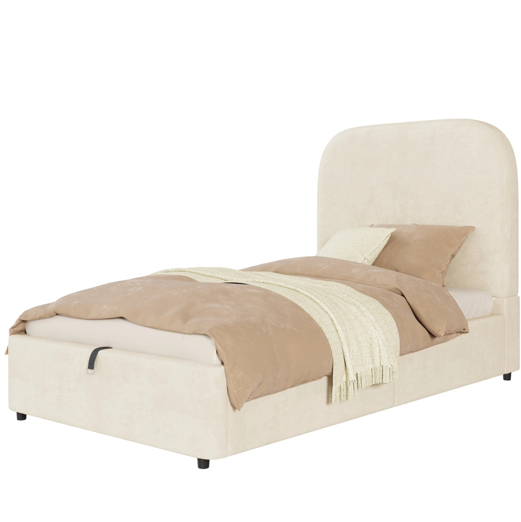 Letto singolo imbottito in velluto beige con contenitore idraulico e testiera