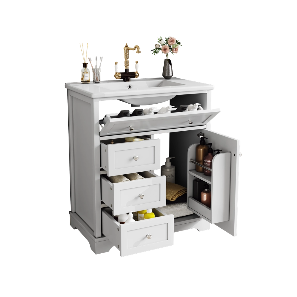 Mobile bagno con lavabo - Xylo - 76x46x87cm - Bianco - 3 cassetti chiusura morbida, ripiani porta, lavabo ceramica integrato