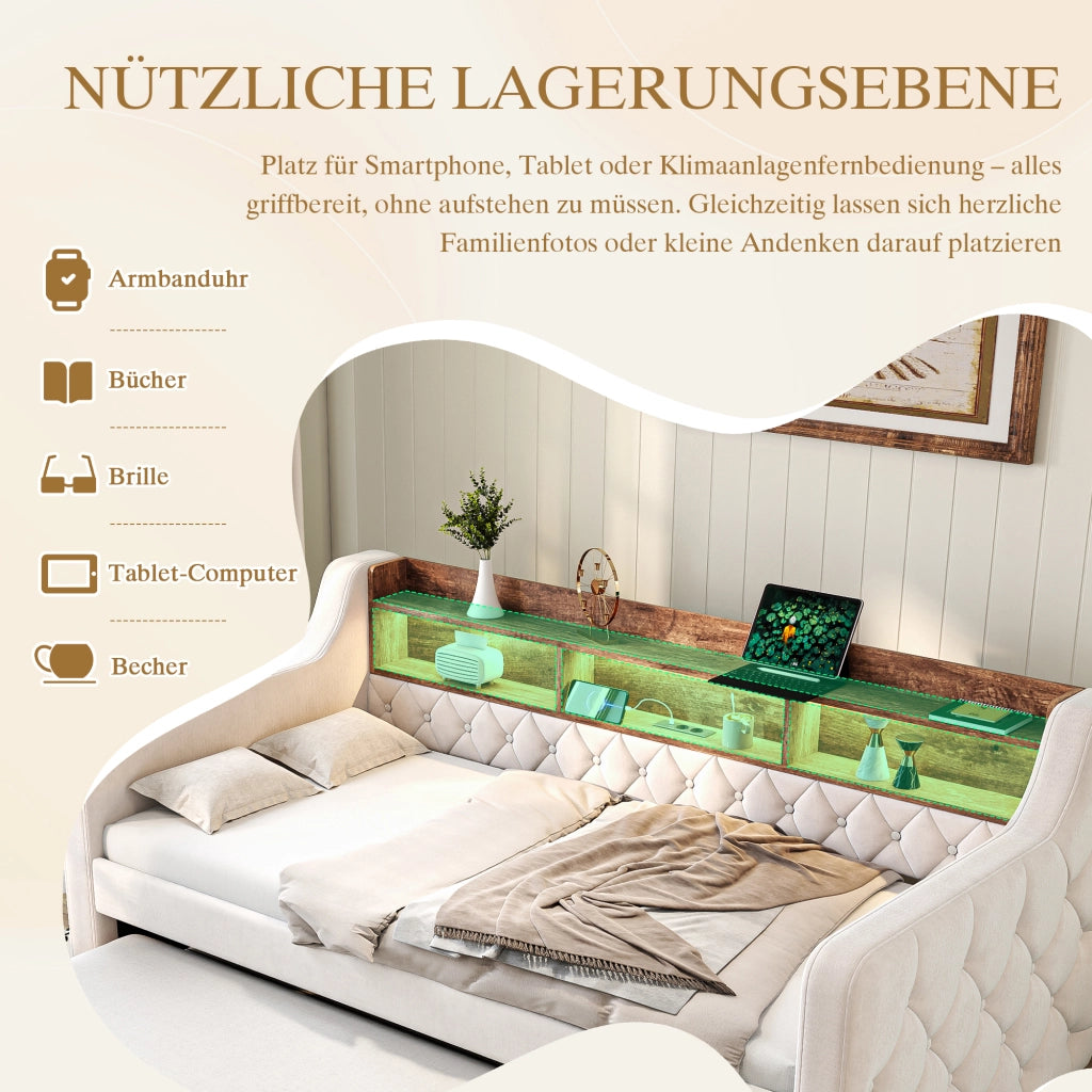 Letto divano estraibile 90 × 190 cm con contenitore, LED regolabile, USB Type-C, senza materasso, in velluto beige