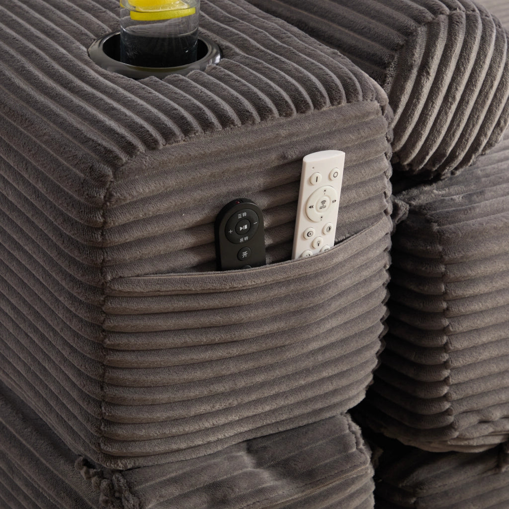 Divano letto modulare in corduroy a 2 posti, con cuscini Memory, tasche laterali e portabicchieri, grigio scuro