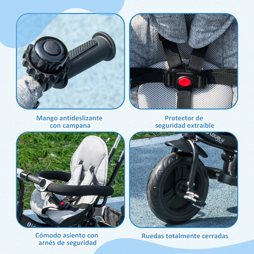 Triciclo per Bambini con Toldo e Cinturino di Sicurezza ¨C zephmum ¨C Grigio