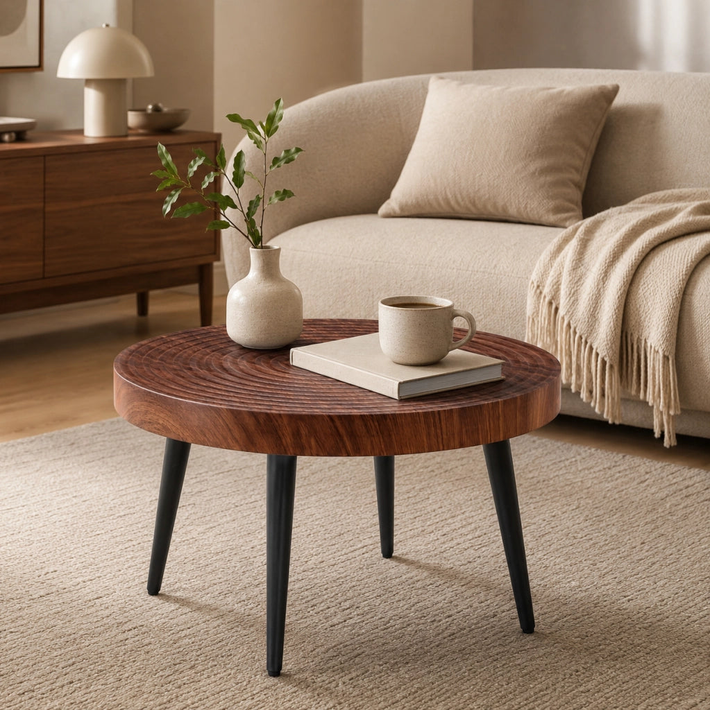 Tavolino rotondo 73.99x73.61x22.5 cm con piano spesso 5 cm; gambe in metallo; noce