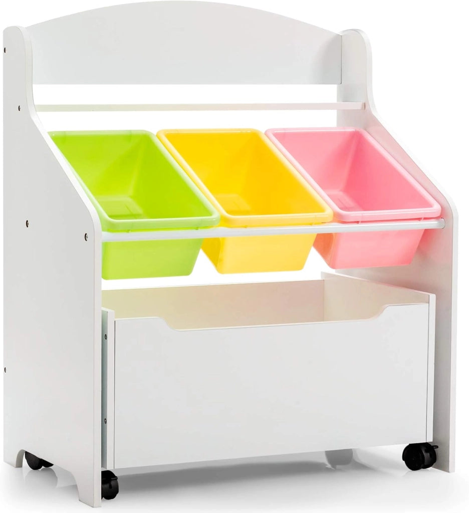 Scaffale Porta Giocattoli per Bambini in Legno con Contenitore e 3 Vassoi, Mobiletto Multiuso per Bambini con Ruote,Cesto Portaoggetti per Camera dei Bambini, 76 x 38 x 63,5 cm (bianco)