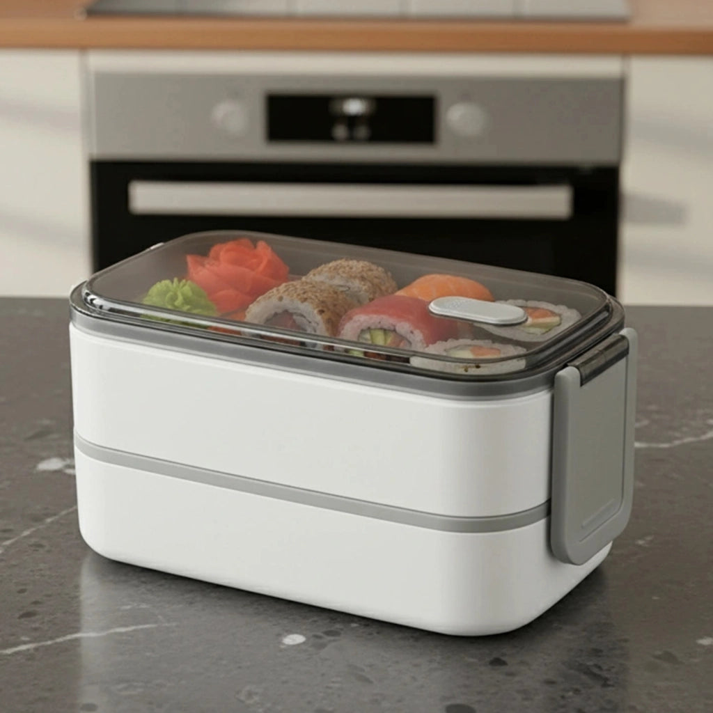 Contenitore per alimenti a doppio scomparto a 2 livelli con coperchio ermetico Bianco / Grigio Cheffinger