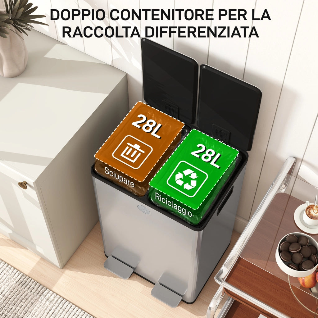 Pattumiera Differenziata 28L con 2 Scomparti a Chiusura Silenziosa, in Acciaio Inox e PP, 45.8x36x67.6 cm, Argento