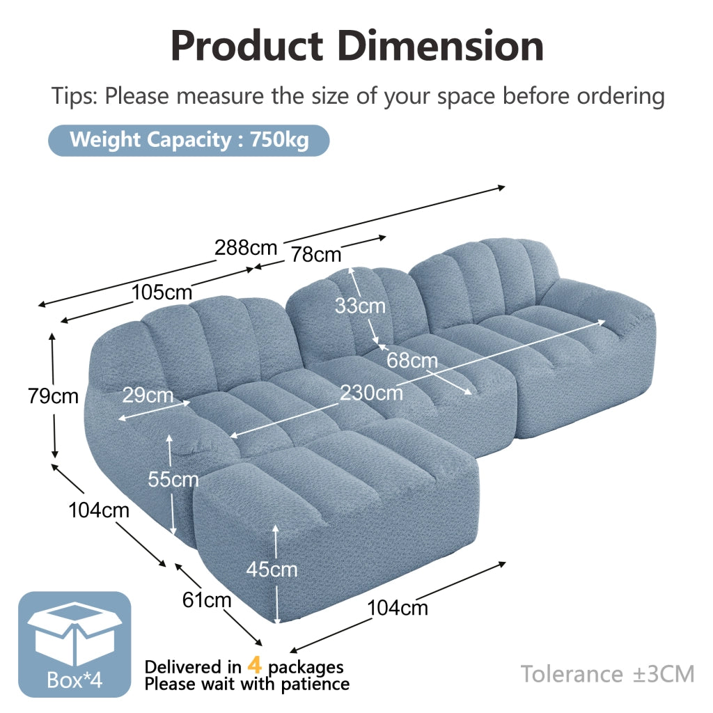 Divano angolare modulare senza struttura con pouf in velluto granulato blu per soggiorno 288 × 165 × 79 cm