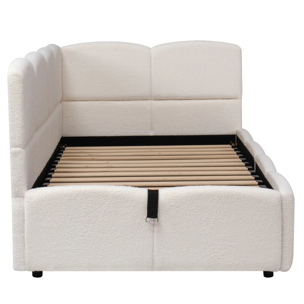 Divano letto 90x200 cm beige in bouclé con vano contenitore
