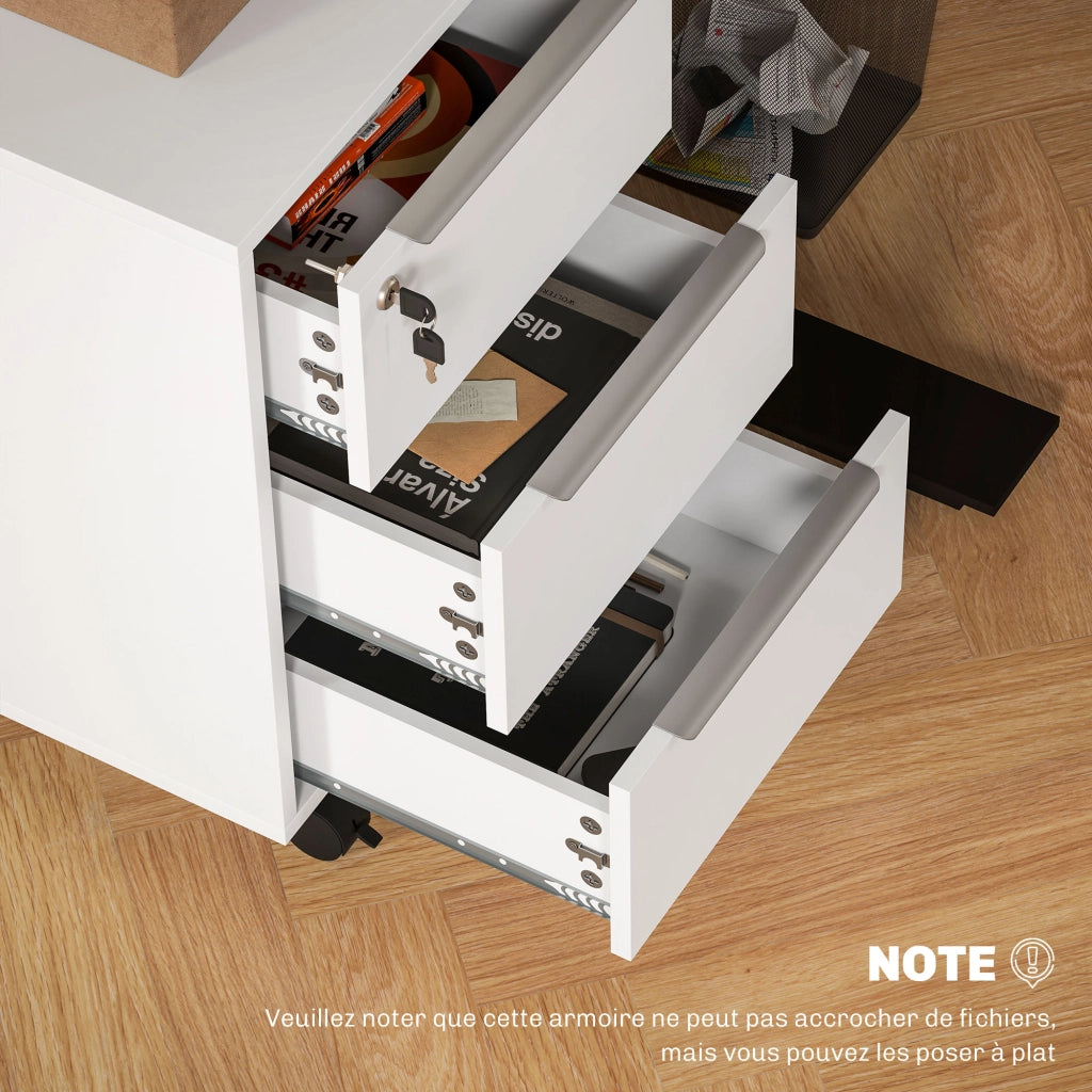 Scrivania a rotelle con 3 cassetti e serratura ¨C zephmum ¨C bianco 40x40x63.5 cm