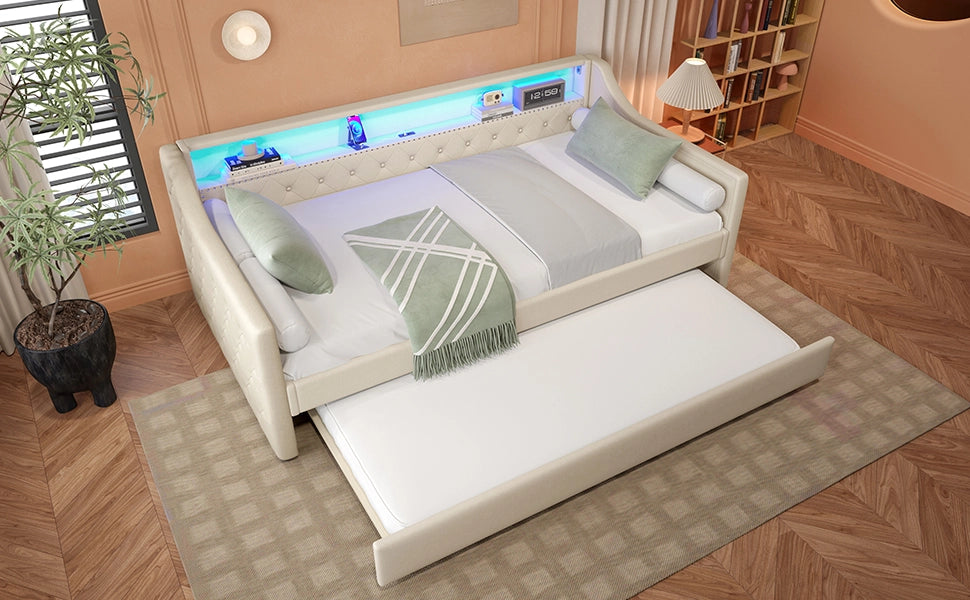 DESMIU Divano letto 90 × 200 cm 1 posto con letto estraibile, LED e USB, senza materasso, in lino, beige