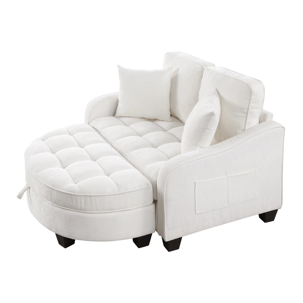 Divano letto 132x129x93 cm 2 in 1 con pouf contenitore in legno di eucalipto beige