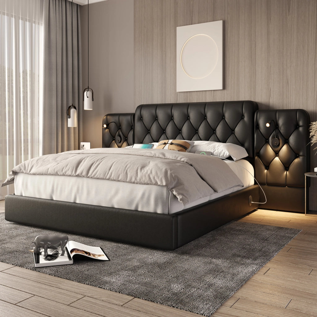 Letto 160x200 cm con testiera allungata; luci da lettura; USB e contenitore in PU nero