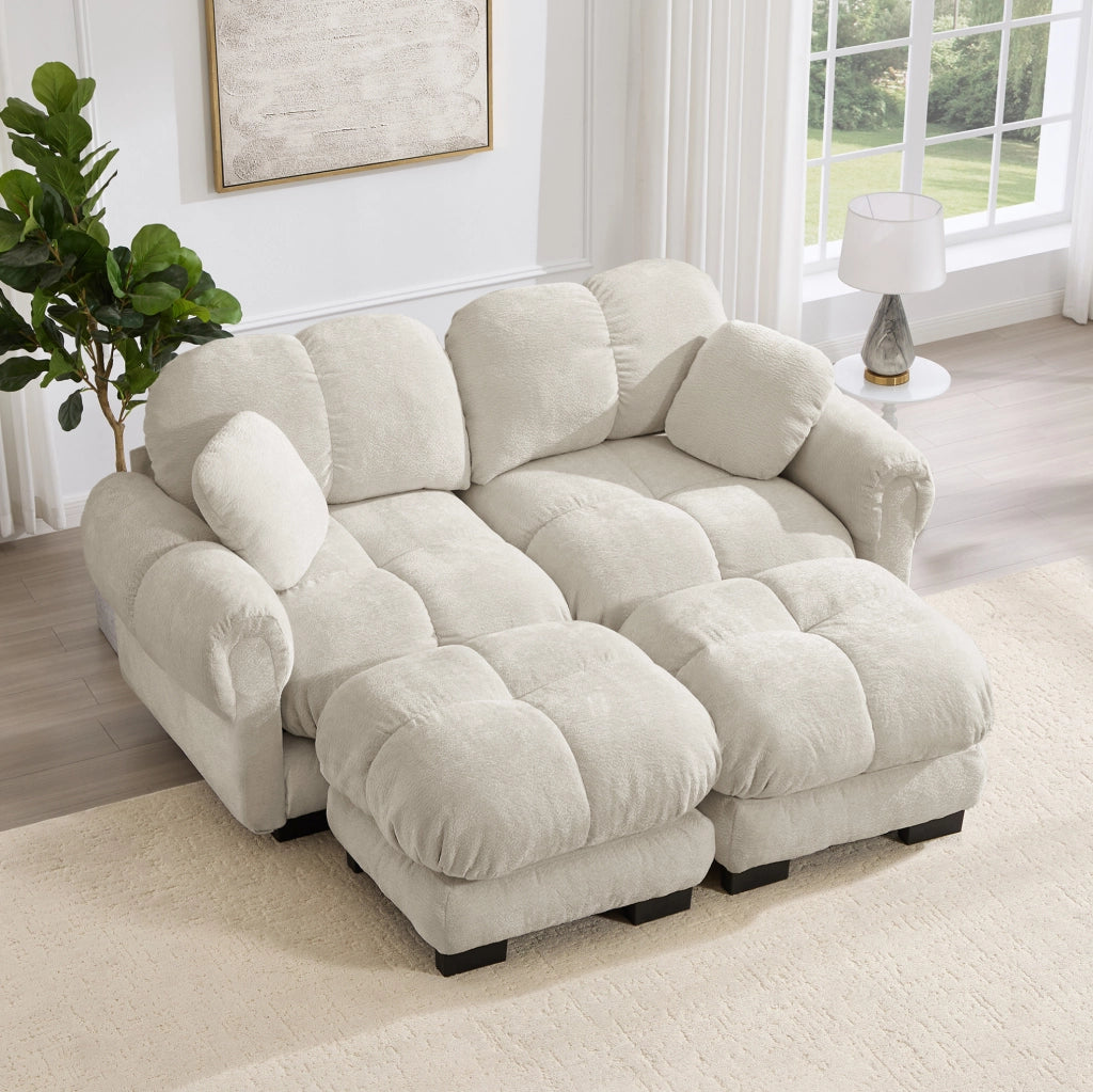Divano modulare in chenille con pouf mobile 190x149x90 cm; trapuntato; light khaki