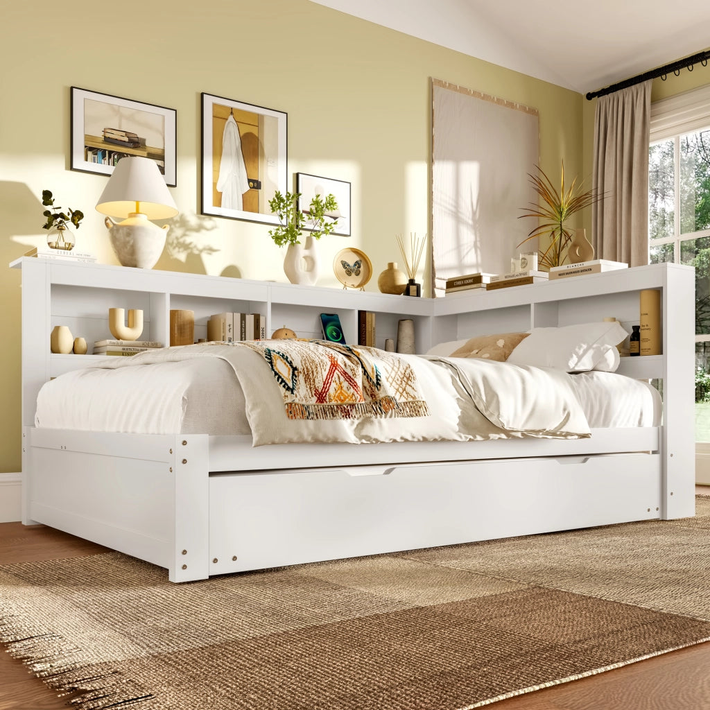 OKWISH Letto a Scomparsa 140×200 cm, Letto Matrimoniale con Letto Estraibile, 2 Cassetti, Presa e 2 USB, senza Materasso, Bianco
