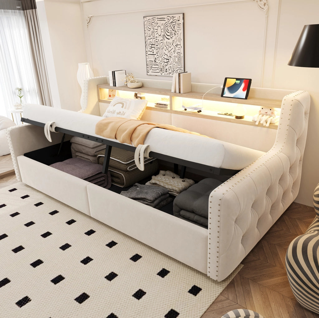 Divano letto imbottito beige 90 x 200 cm con vano contenitore e LED