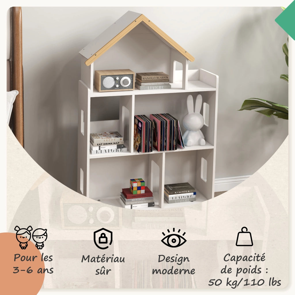 Libreria per bambini forma casa 3 ripiani ¨C zephmum ¨C bianco e naturale 65x25x108.5 cm
