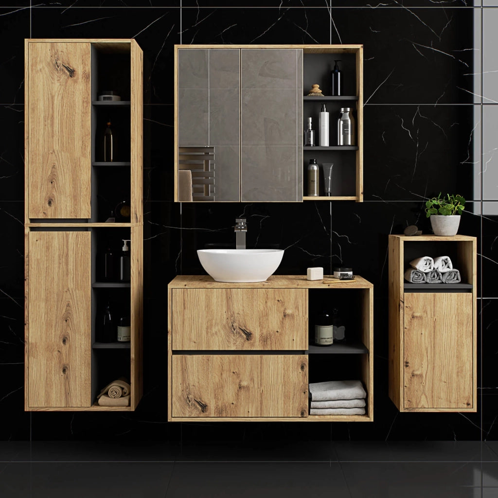 Pensile bagno con specchio VAMI Rovere Artisan, Grigio Grafite 90 cm 2 ante 90x15x75 cm