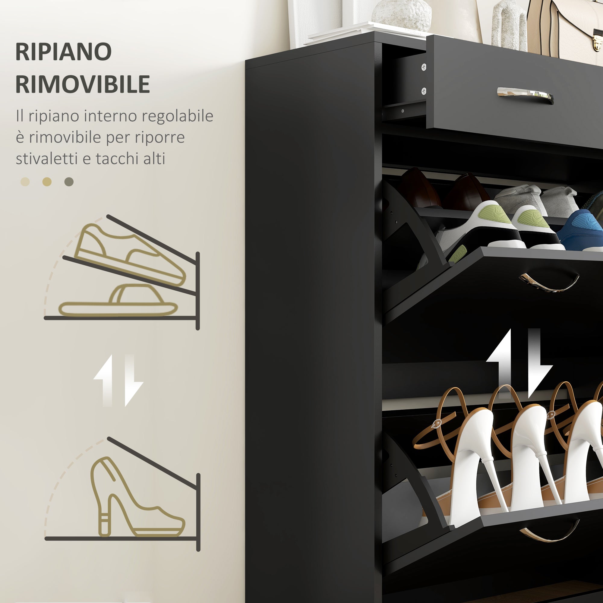 Mobile Scarpiera da 12 Paia 80x30x91,5 cm con Ripiani Regolabili e Cassetti in Legno Nero