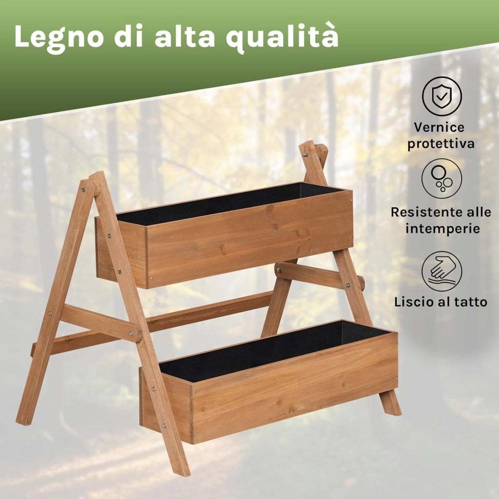 Fioriera Rialzata con Scaffale a Gradini 2 Livelli, Vasi Integrati per Piante, Ideale per Interni/Esterni su Terrazzo, Balcone e Giardino, Legno 80x62x68 cm, Marrone