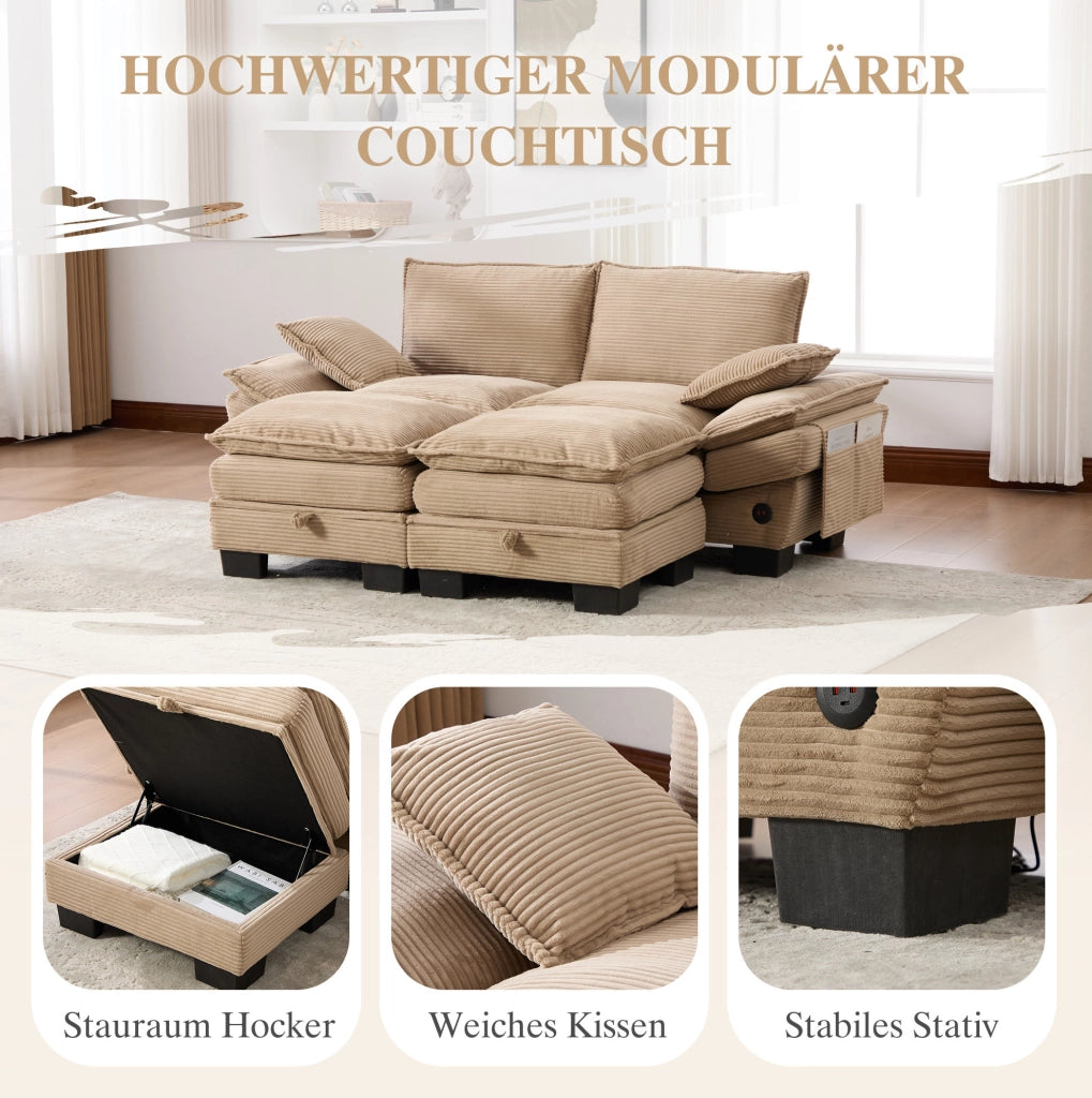 Divano modulare 2 posti in corduroy khaki con 2 pouf; porta USB-C e tasche laterali